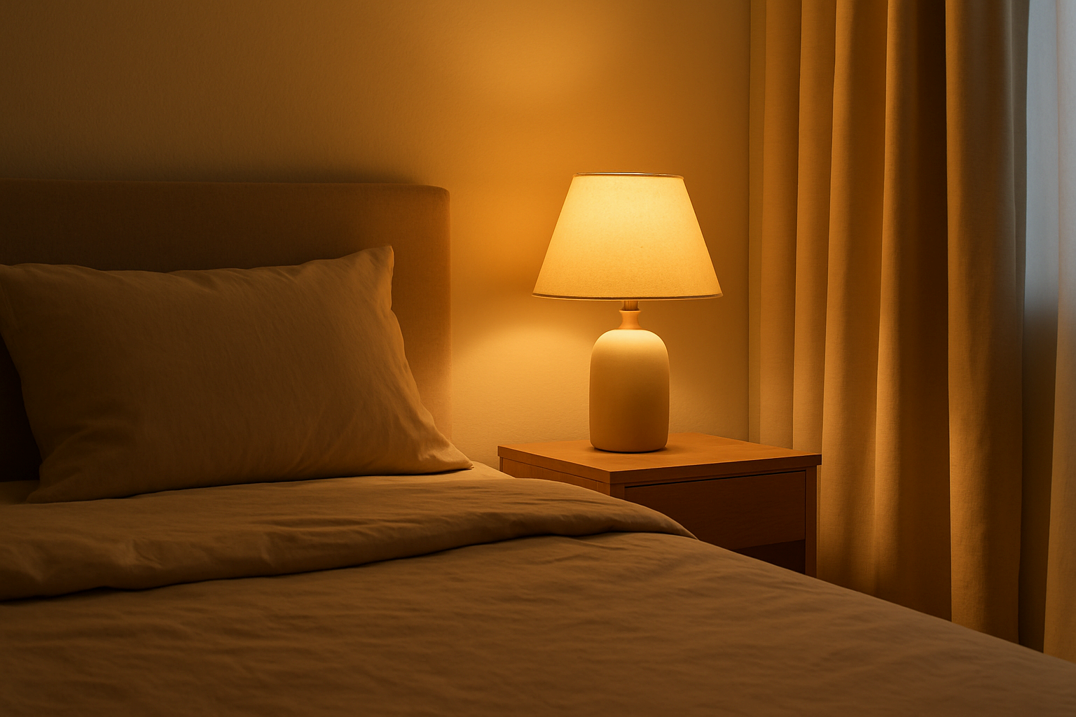 은은한 노란빛 조명이 켜진 아늑한 침실 인테리어