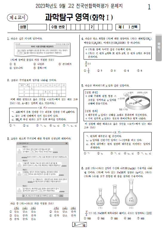 2023-9월-고2-모의고사-화학 1-기출문제-다운