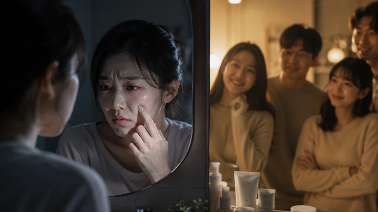미세한 결점에 집중하며 괴로워하는 인물의 얼굴