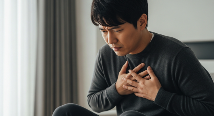 가슴 통증이 반복되어 불편함을 느끼는 모습