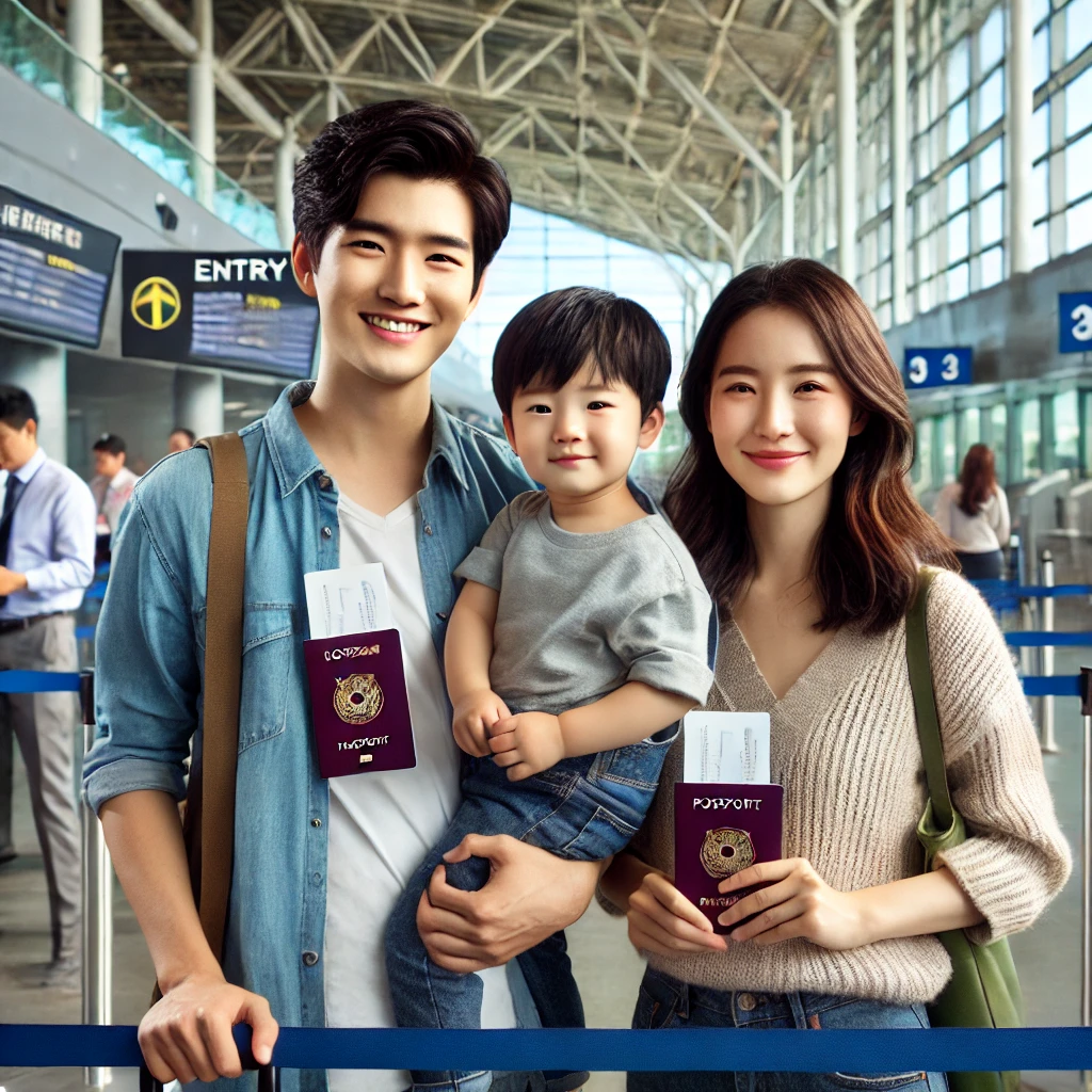 공항 입국장에서 아이와 함께 입국심사를 받는 가족 모습