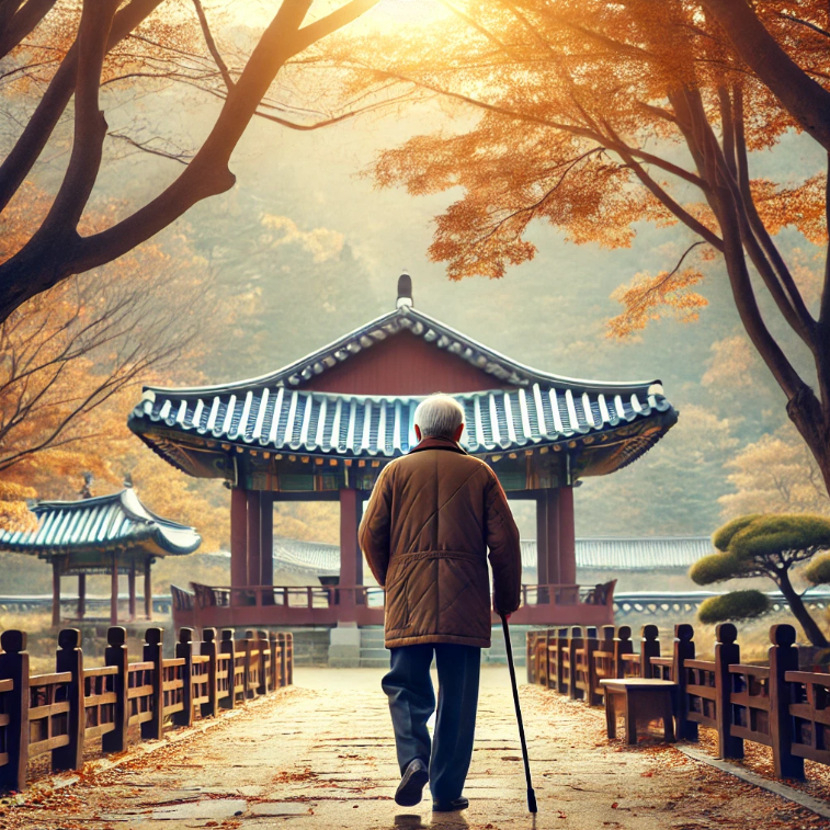 은퇴 후 평화로운 공원에서 산책하는 노인의 모습