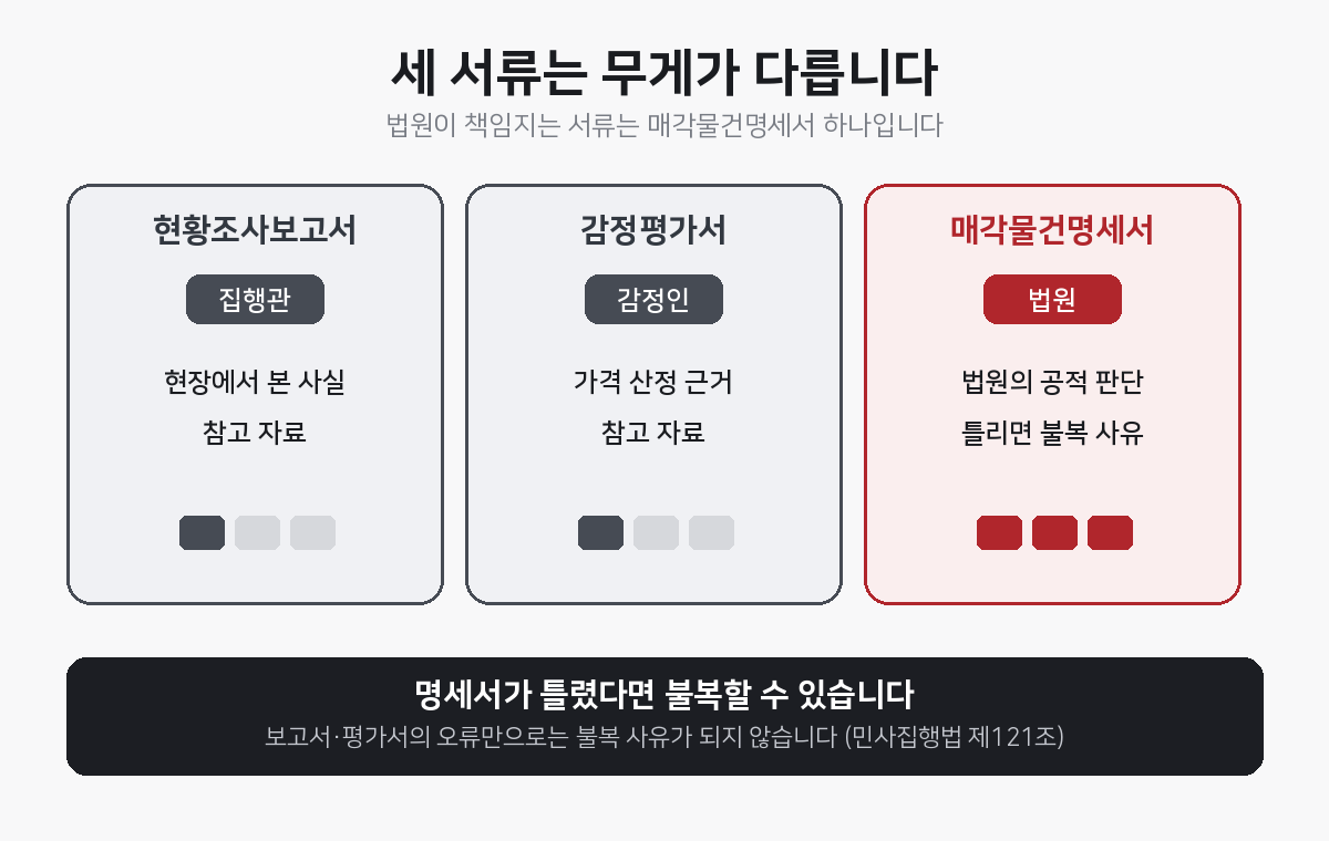 현황조사보고서 감정평가서 매각물건명세서 비교