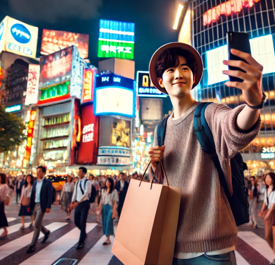 시부야의 야경을 배경으로 사진찍는 여행객의 모습