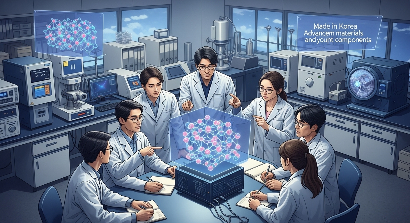 연구원들이 양자 소부장(소재·부품·장비) 국산화를 위해 새로운 양자 물질 구조를 연구하고 협력하는 첨단 실험실 풍경.