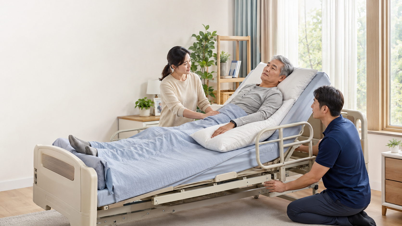 뇌졸중 환자의 침대 자세를 보호자와 물리치료사가 확인하는 모습