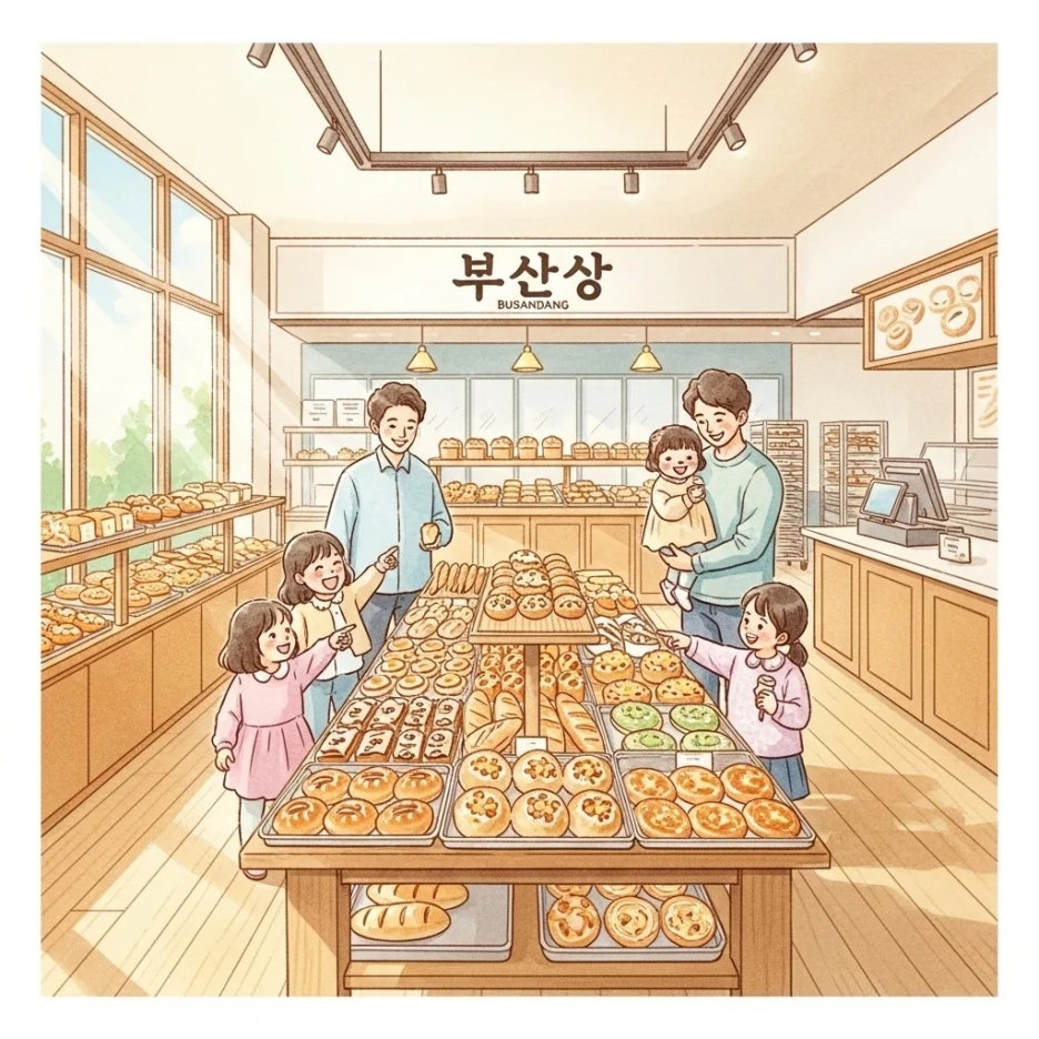 다양한 빵 진열대를 구경하는 가족들