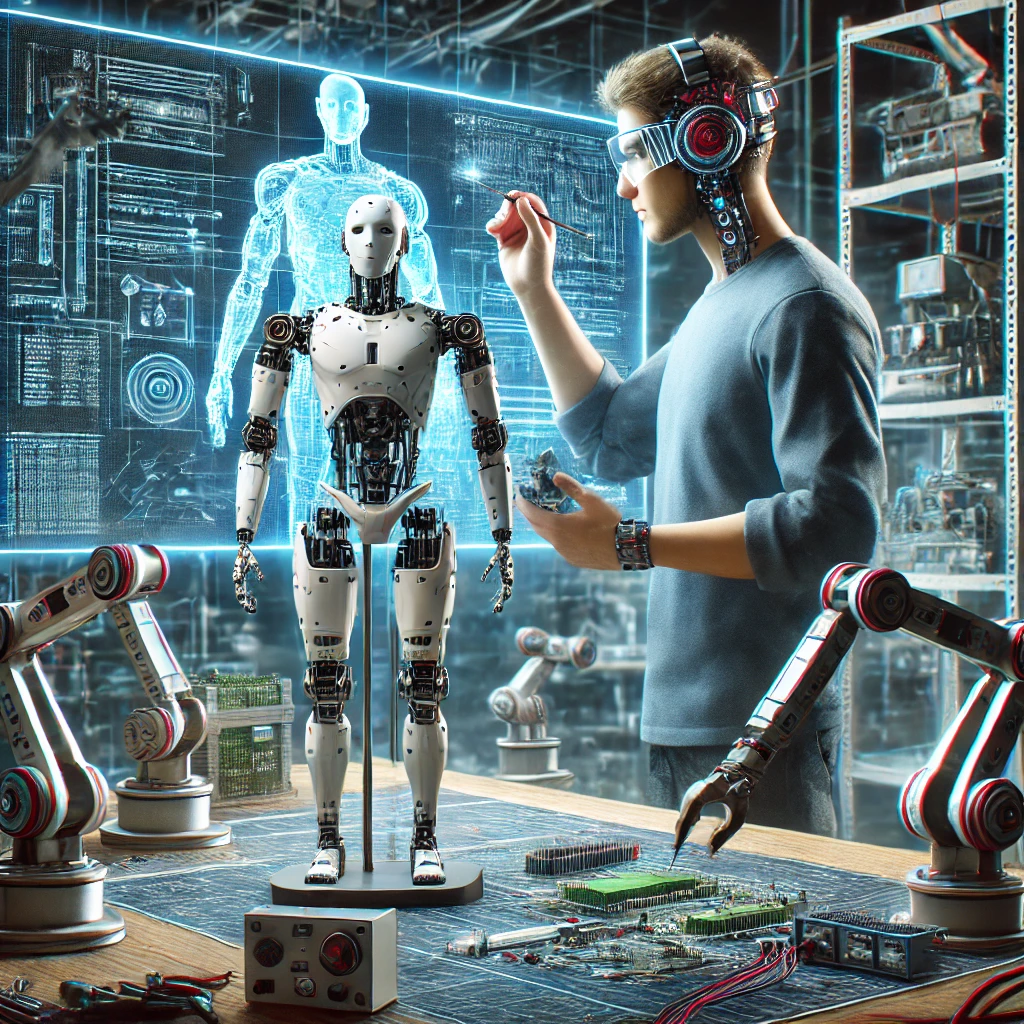 로봇 엔지니어가 연구소에서 휴머노이드 로봇을 조립하고 테스트하는 장면.
로봇 팔, 회로 기판, 프로그래밍 코드가 표시된 컴퓨터 화면 포함.
미래 산업에서 로봇 기술의 중요성을 강조하는 이미지