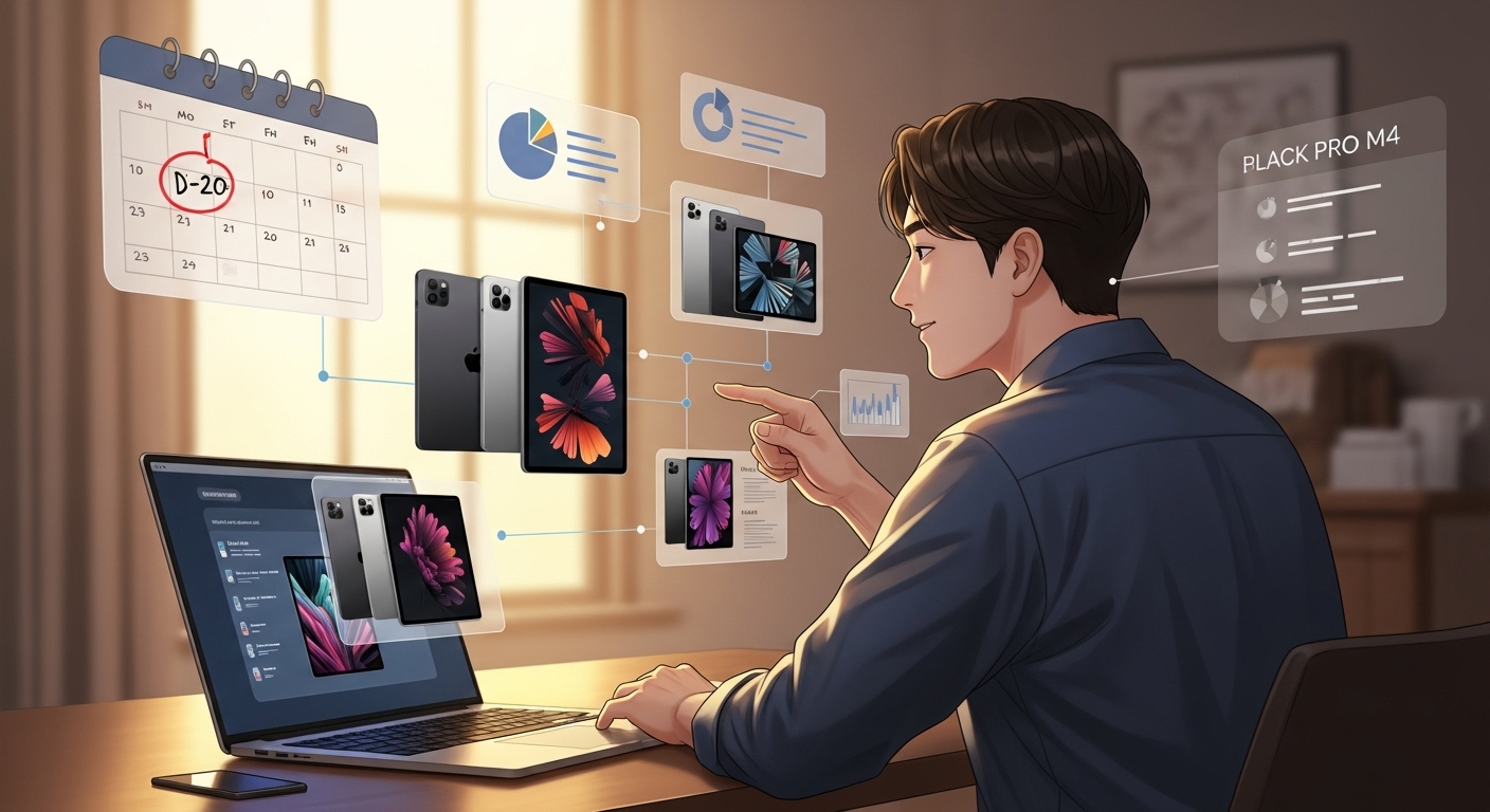 30대 한국 남성이 책상에서 노트북을 보며 블랙프라이데이 아이패드 구매 전략을 짜고 있는 모습. 화면에는 다양한 아이패드 모델과 가격 비교표, 시간별 타임라인이 떠 있음.