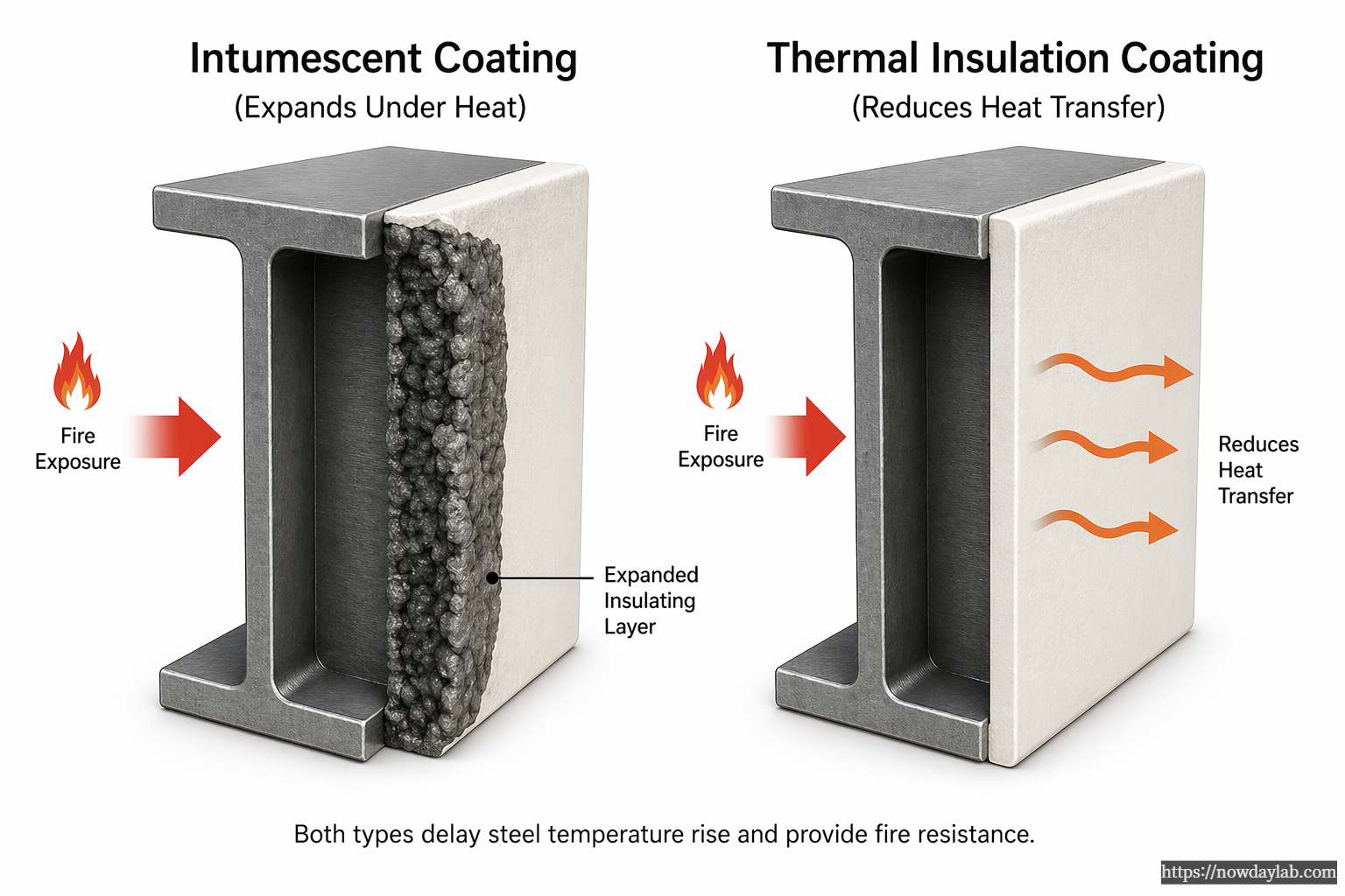 Intumescent coating and thermal insulation coating comparison on steel beam for fire protection