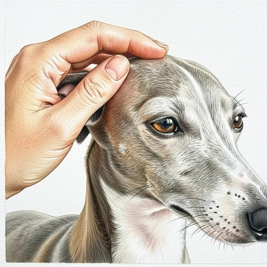 부드러운 이탈리안 그레이하운드의 털을 쓰다듬는 손