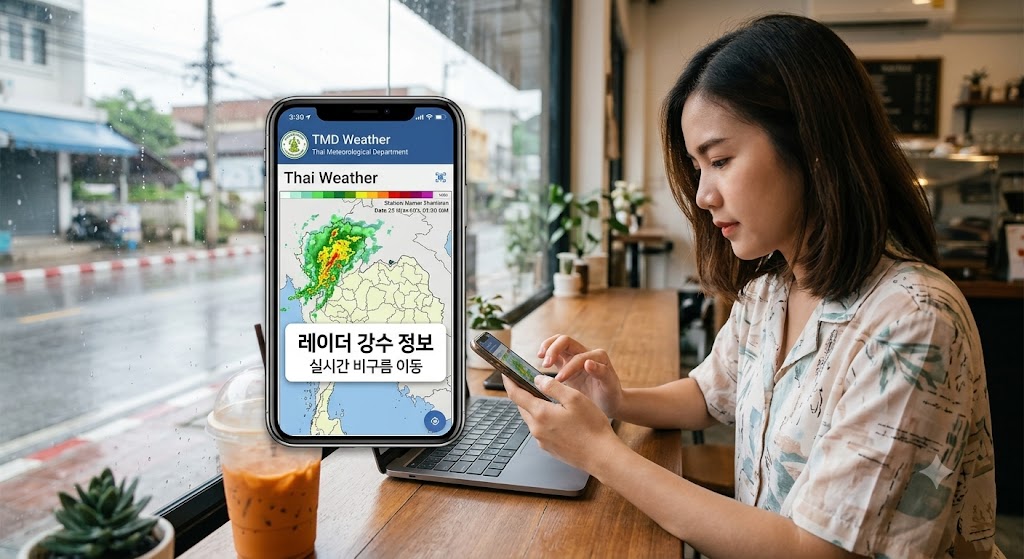 스마트폰으로 태국 기상청 앱을 확인하는 모습
