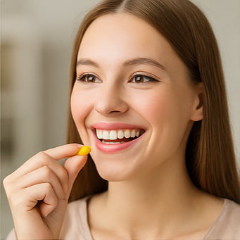 다양한 색상의 종합비타민, 비타민을 복용하는 여성, 심장 박동을 나타내는 아이콘을 통해 종합비타민의 건강 효능을 표현한 이미지