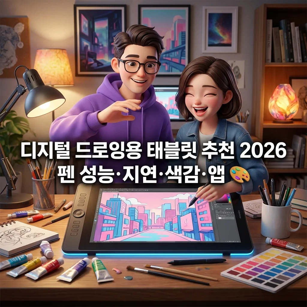 2026년 디지털 드로잉용 태블릿 추천 펜 성능 지연 색감 앱 기준으로 선택하는 방법을 설명하는 한국인 3D 캐릭터와 아트 스튜디오 배경