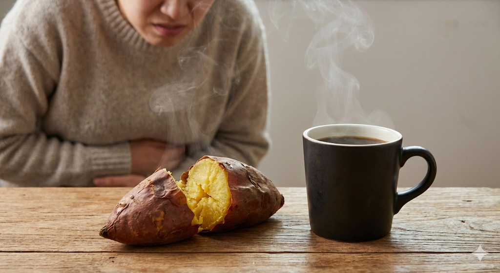 공복 섭취 시 위산 분비를 촉진하여 위염을 유발하는 찐 고구마와 모닝커피