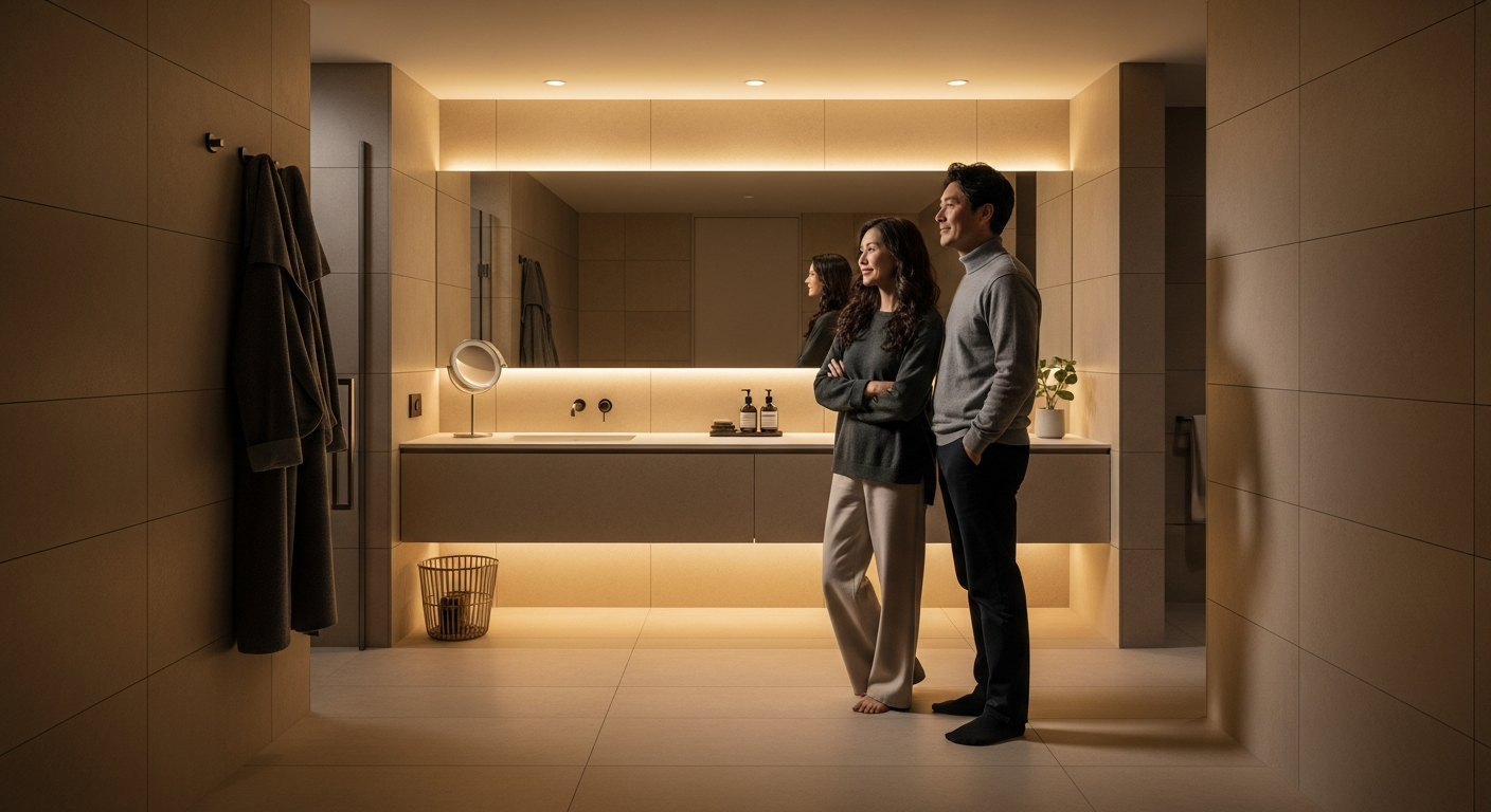 따뜻한 어스 톤 타일과 간접 조명으로 아늑하게 연출된 2025년형 호텔식 건식 욕실 인테리어