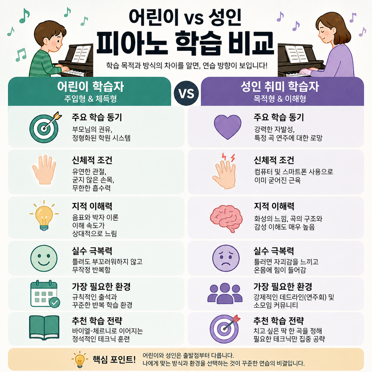 어린이와 성인의 피아노 학습 비교