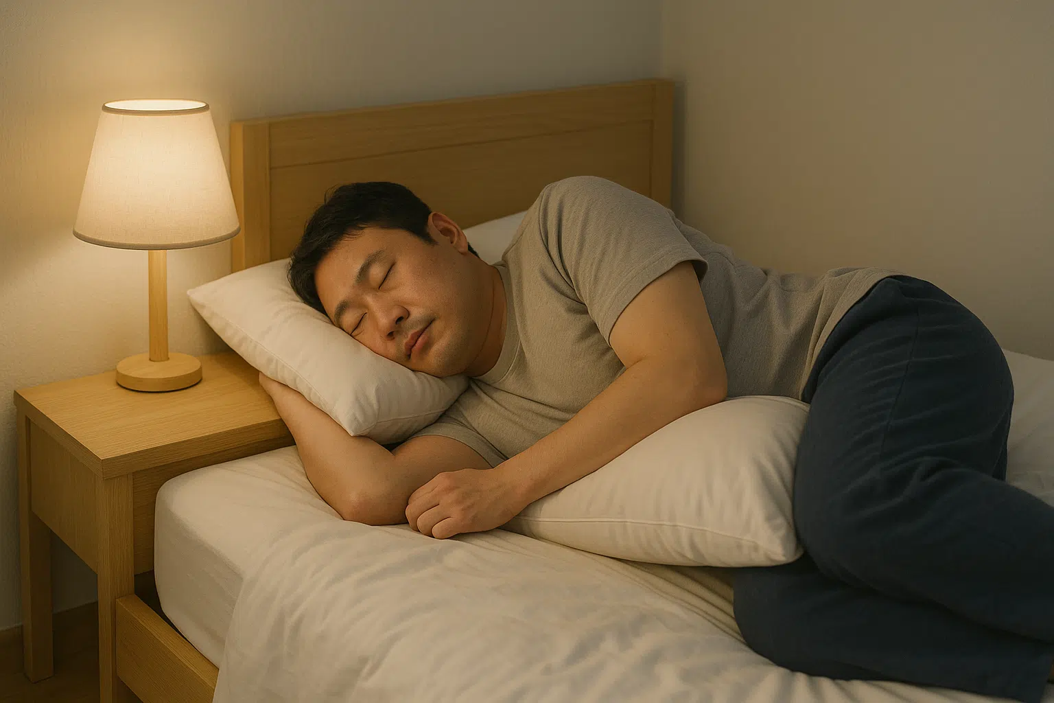 옆으로 누워 무릎 사이에 베개를 낀 채 바른 자세로 자는 사람