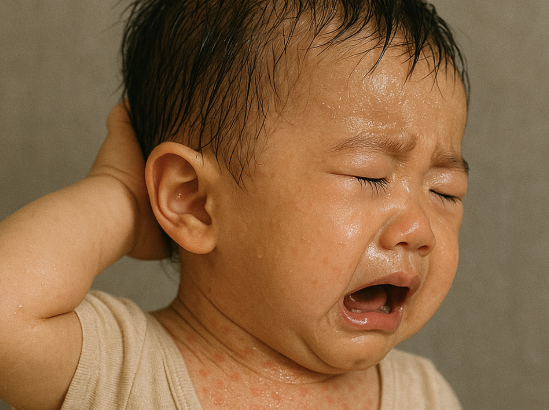 땀띠로 힘들어하는 아기