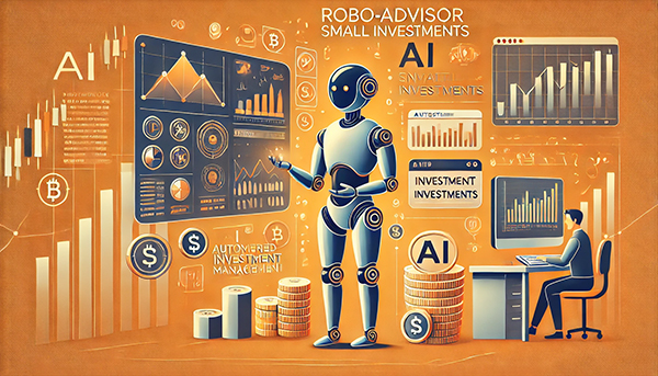 밝은 주황색 배경의 로보어드바이저 소액 투자 일러스트. 인공지능이 투자 데이터를 분석하며, 한 사용자가 스마트폰이나 컴퓨터를 통해 AI와 상호 작용하는 모습이 표현된 금융 테마의 그림
