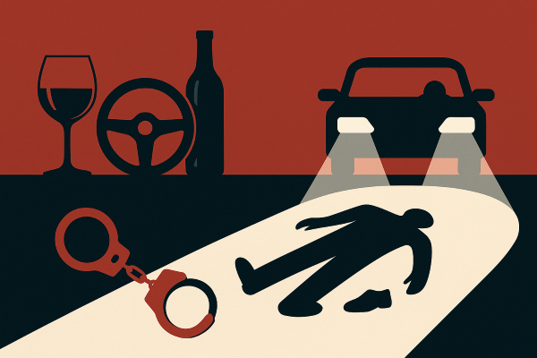 어두운 도로 위, 술병과 자동차 핸들이 겹쳐 보이는 실루엣 속에서 전조등 불빛에 비친 사람 형상이 보이며, 음주운전이 초래하는 치명적 위협을 상징적으로 표현한 이미지