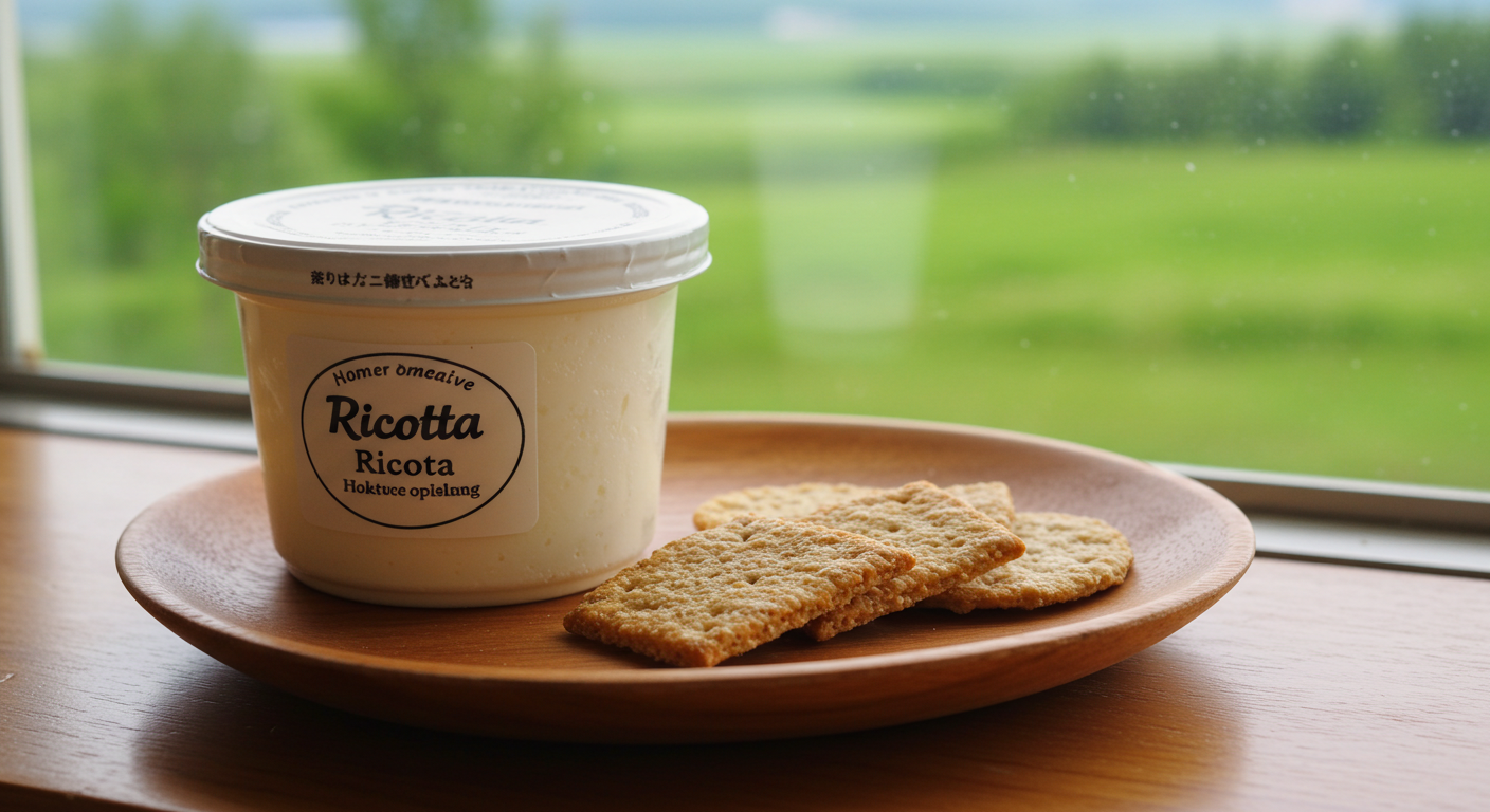 직접 만든 라벨을 붙인 치즈 통과 크래커, 주변에 홋카이도 풍경이 보이는 창가