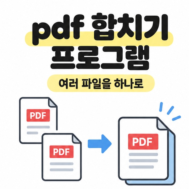 pdf 합치기 프로그램 제목 아래 두 PDF 문서가 화살표를 거쳐 하나의 문서 묶음으로 합쳐지는 그림
