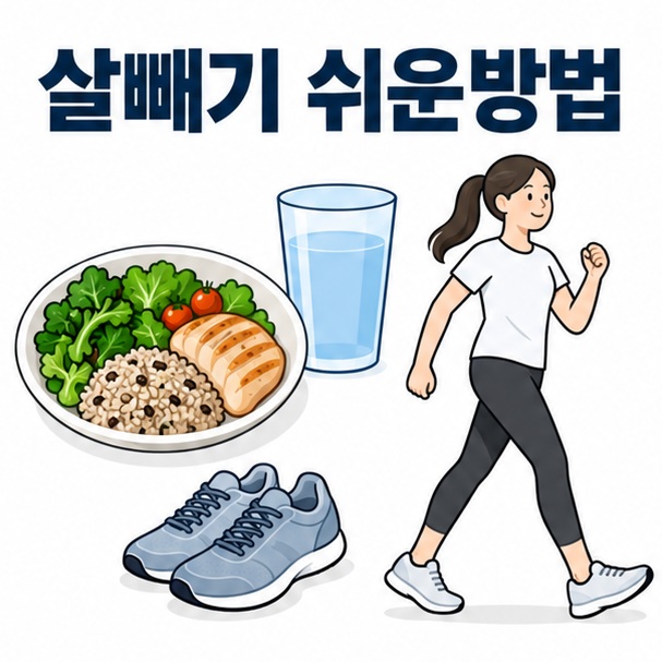 건강한 식사와 걷기 운동을 함께 표현하고 살빼기 쉬운방법이라는 글자가 중앙에 놓인 교육용 건강 인포그래픽