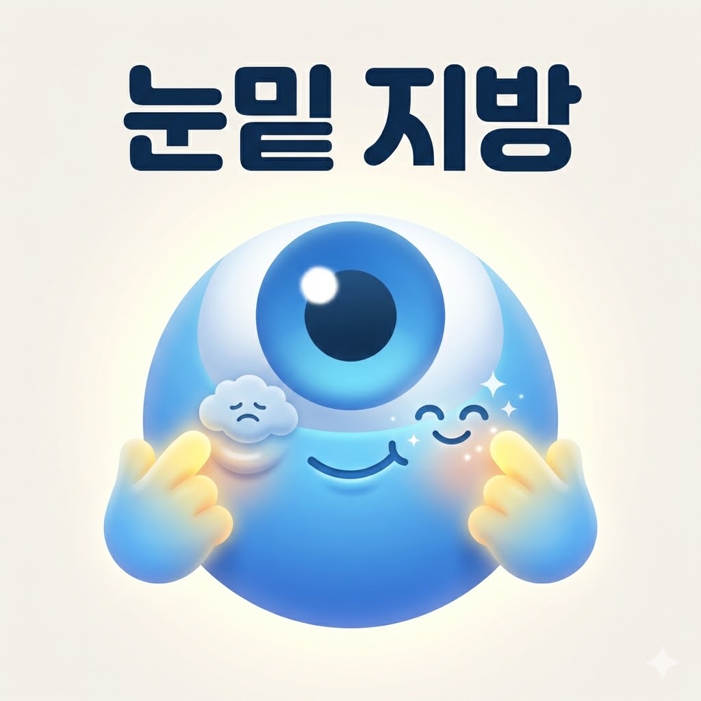 눈밑 지방을 부드럽게 마사지하는 귀여운 캐릭터 일러스트. 눈밑 지방 관리를 통해 환하고 생기 있는 눈가를 표현하며, 부드러운 관리의 중요성을 강조합니다.