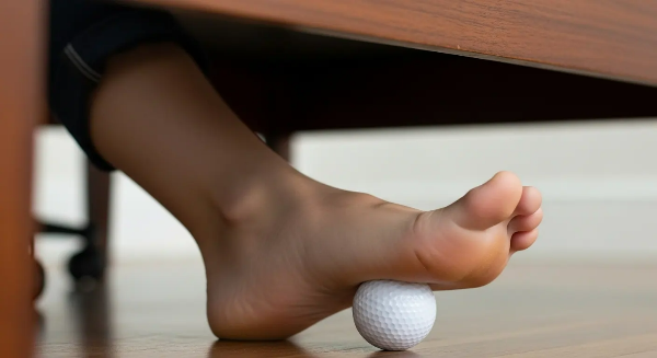 책상에 앉아 공부하면서 골프공으로 발바닥 지압을 하는 모습