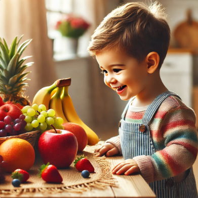 어린 아이가 과일을 보고 웃고 있는 모습 관련 사진
