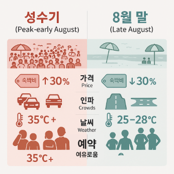 "8월 말 vs 성수기 여행 비교 인포그래픽 - 가격, 인파, 날씨 차이점 한눈에 보기"