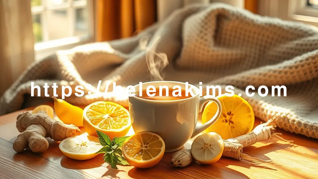 따뜻한 햇살이 스며드는 아늑한 실내, 김이 모락모락 피어나는 따뜻한 모과차 한 잔이 중심에 놓여 있다. 찻잔 주변에는 신선한 생강 슬라이스, 잘라놓은 노란 모과 조각, 반짝이는 유자가 놓여 있는 이미지