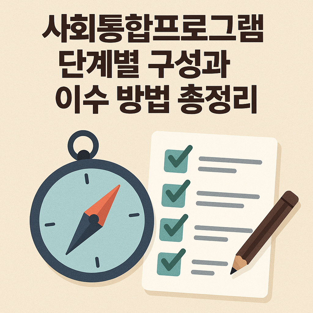 사회통합프로그램 단계별 구성과 이수 방법을 설명하는 블로그 썸네일 이미지입니다. 상단에는 굵은 한글 텍스트로 “사회통합프로그램 단계별 구성과 이수 방법 총정리”라는 문구가 있고, 하단에는 왼쪽에 나침반, 오른쪽에 체크리스트와 연필 일러스트가 배치되어 있습니다. 전체적으로 부드러운 베이지색 배경과 깔끔한 디자인으로 구성되어 있습니다.