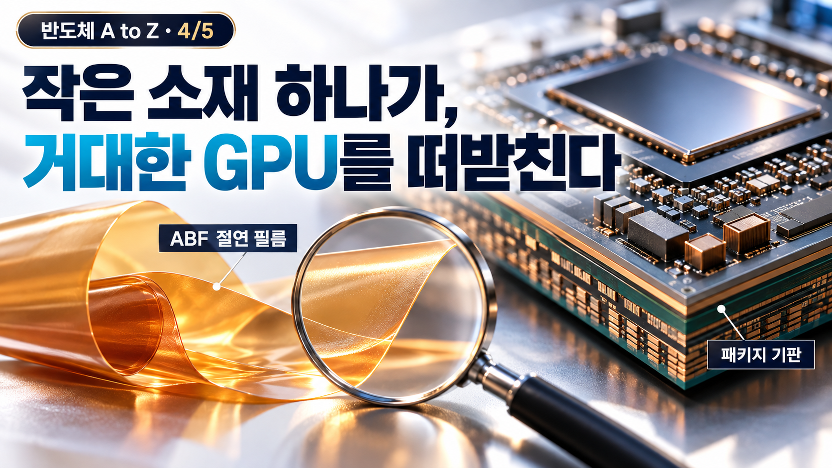 얇은 ABF 절연 필름과 다층 패키지 기판을 돋보기로 강조한 이미지.