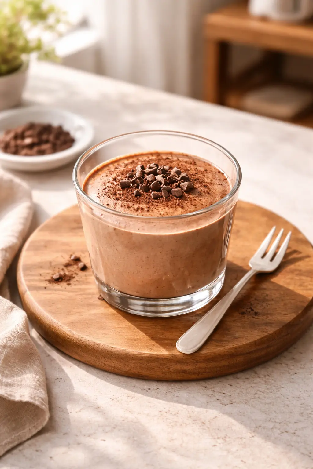 초코우유 무스 완성 - 홈카페 스타일로 서빙된 디저트 컵