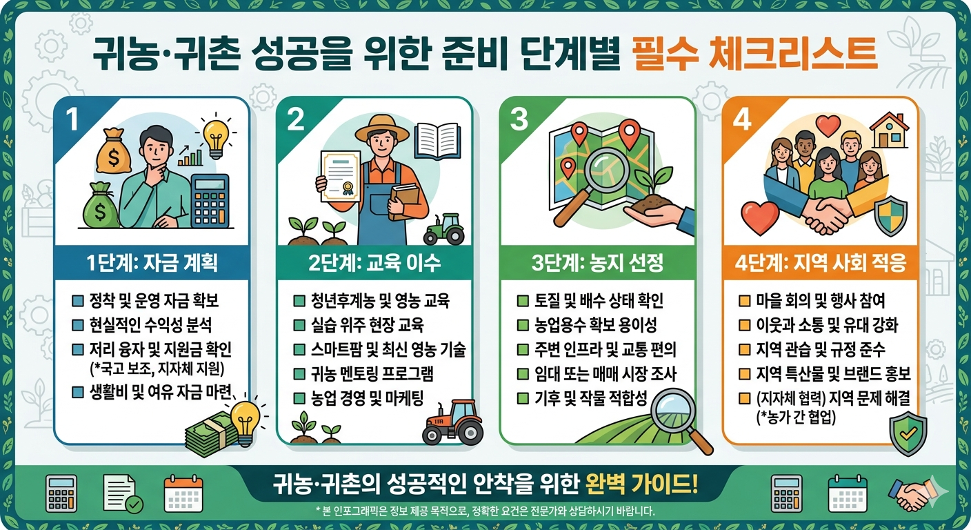 귀농 귀촌 성공을 위한 준비 단계별 필수 체크리스트 차트
인포그래픽
