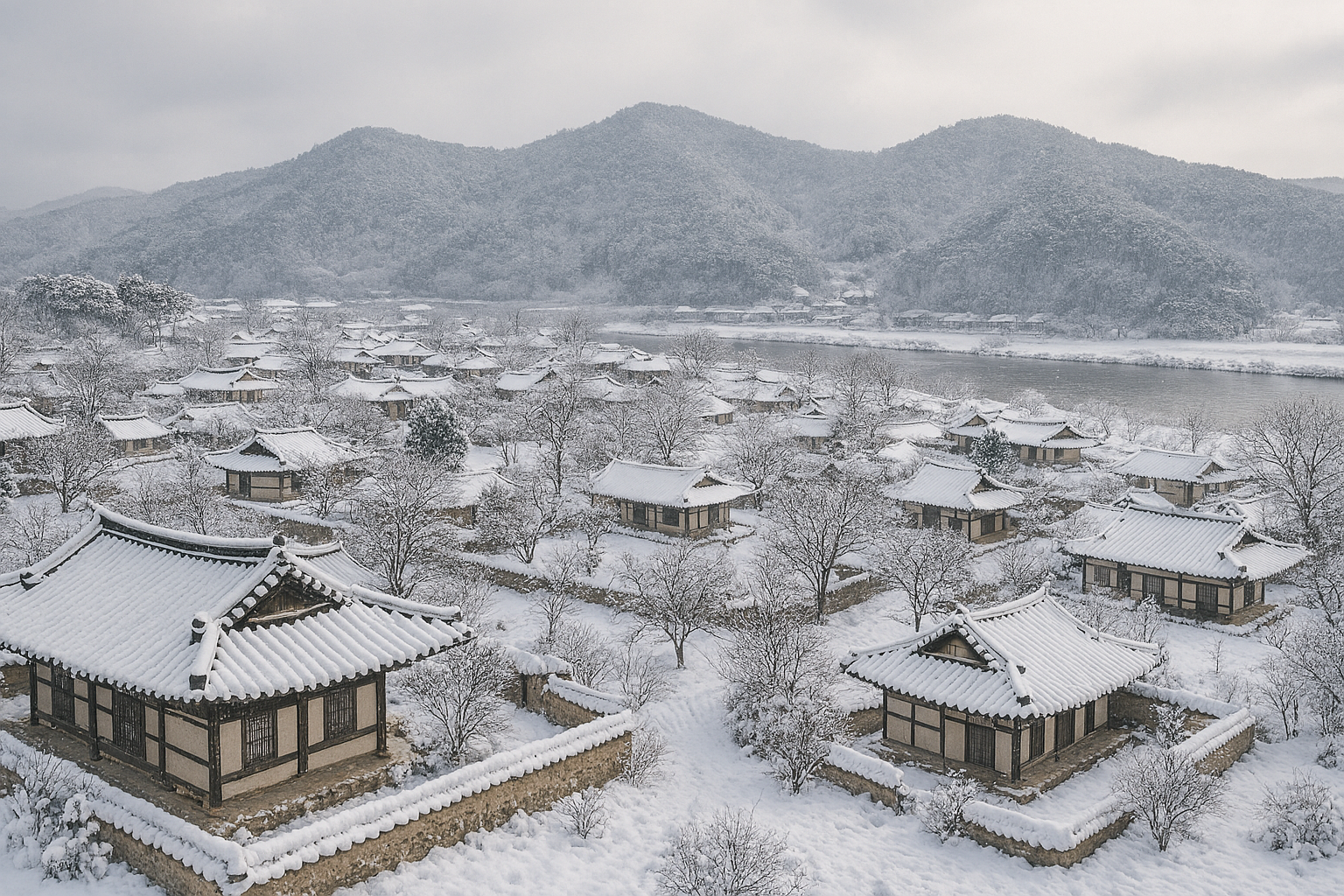 눈 덮인 안동 하회마을 이미지
