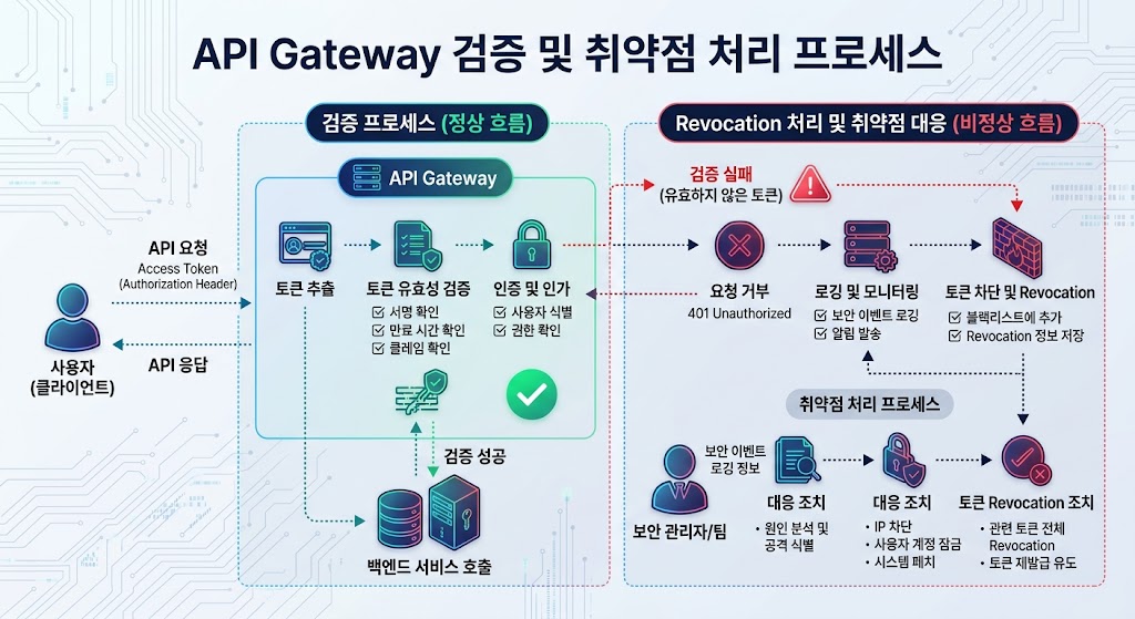API Gateway가 요청을 수신하여 서명을 검증하고 분산 캐시를 통해 블랙리스트 체크가 이루어지는 데이터 워크플로우