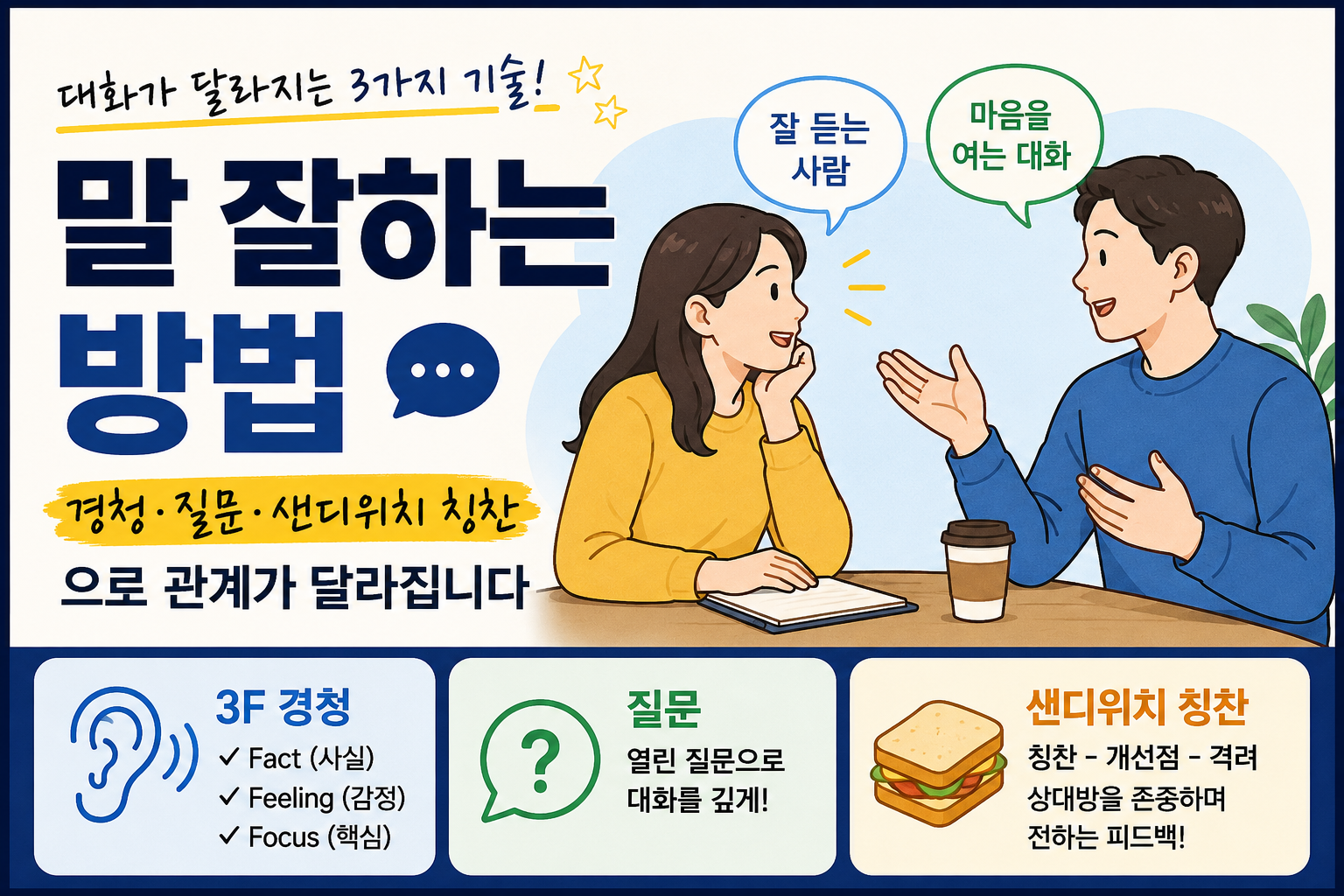 말 잘하는 방법, 경청&middot;질문&middot;샌드위치 칭찬으로 대화가 달라지는 3가지 기술