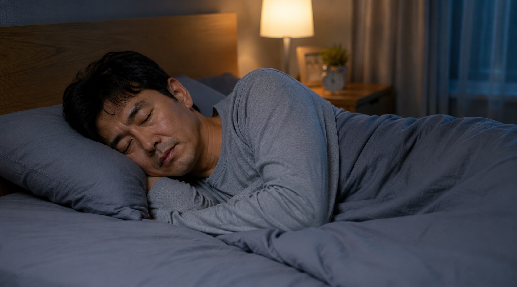 침실에서 옆으로 편안하게 누워 잠들어 있는 40대 남성