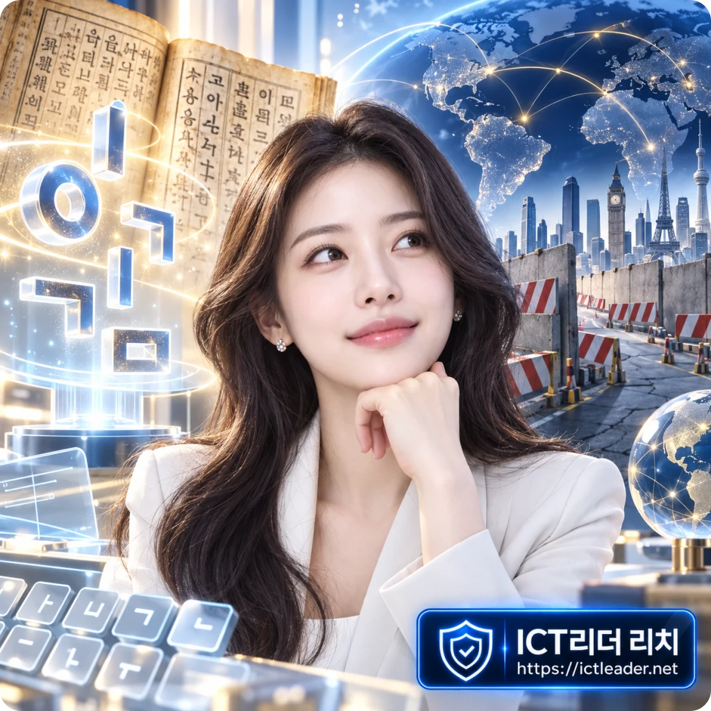 훈민정음과 세계지도를 배경으로 한 한글 세계화 주제의 여성 전문가 대표 이미지