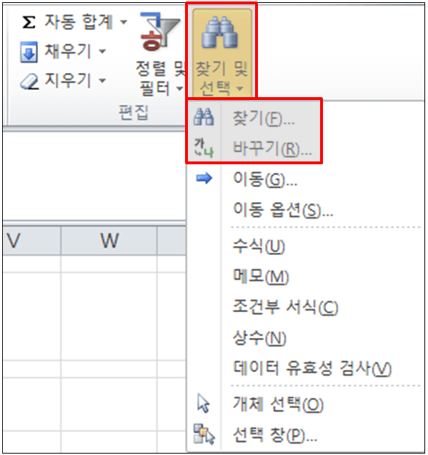 엑셀 찾기 및 바꾸기 메뉴와 옵션 이미지.