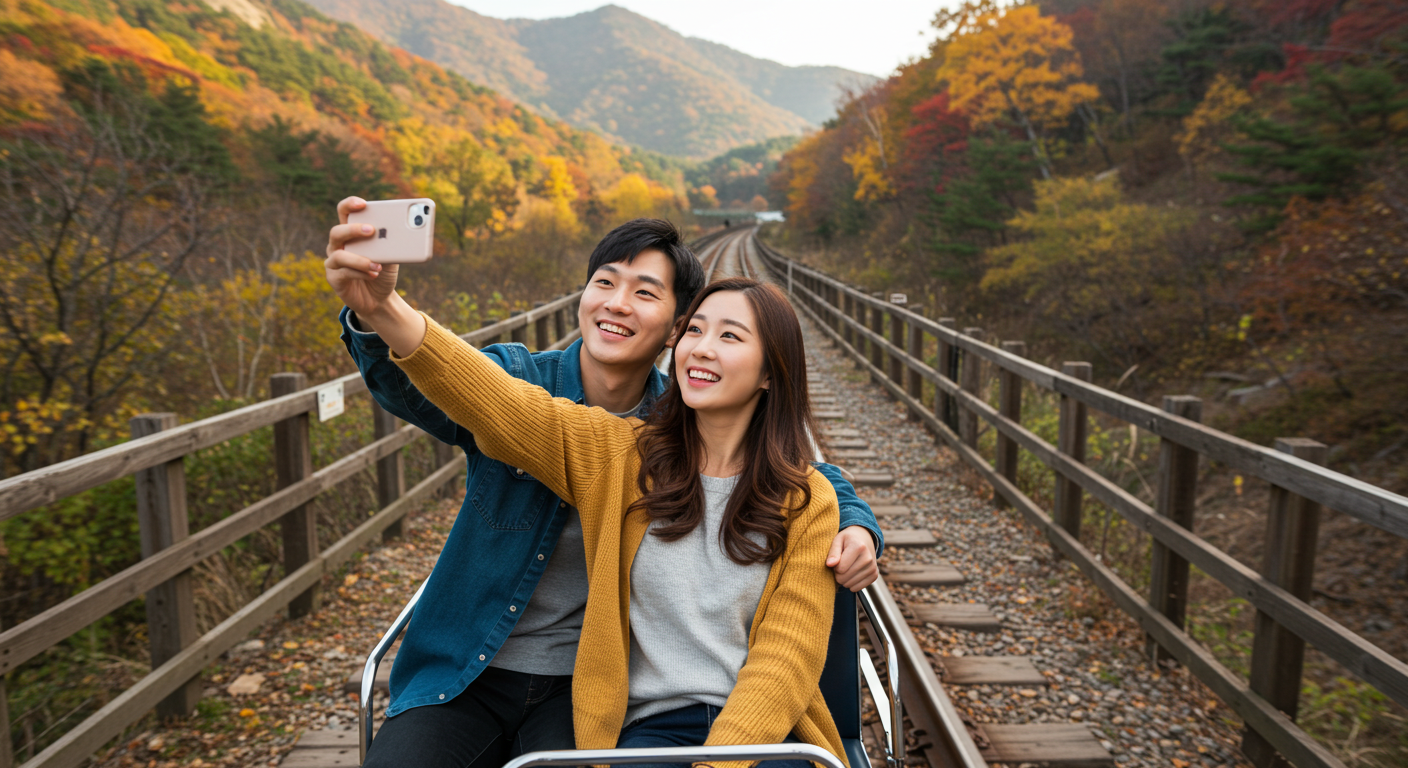 춘천 강촌 레일바이크에서 한국인 연인이 사진 찍으며 즐거워하는 모습