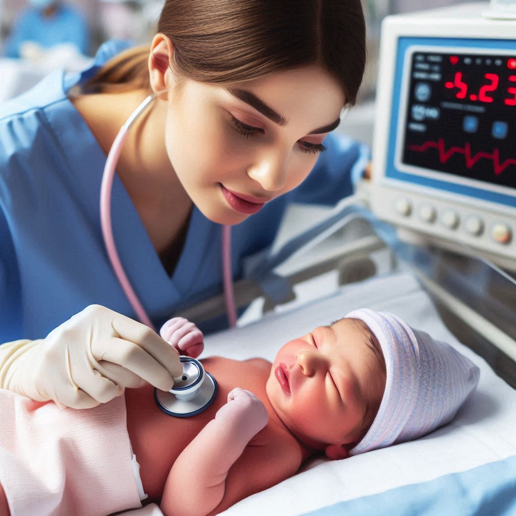 신생아의 상태를 보며 아프가 점수를 확인하고 있는 간호사의 모습
