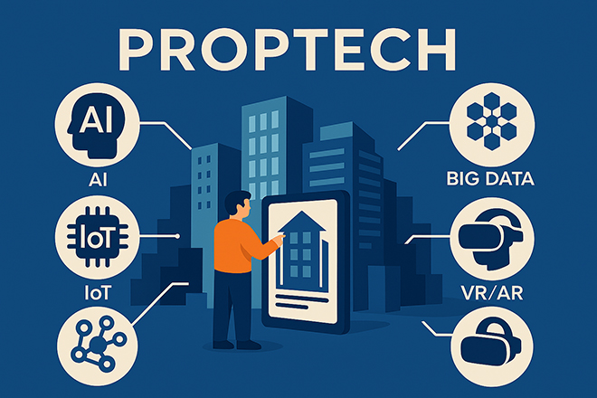 프롭테크 기술이 적용된 미래형 스마트 시티와 주거 환경을 묘사한 AI 생성 이미지