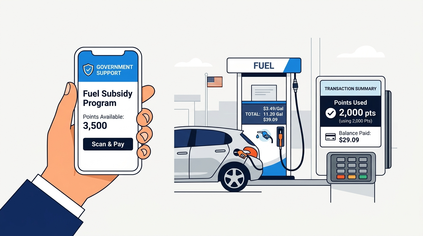 스마트폰 앱에서 지원금을 신청하고, 주유소에서 카드를 긁자 포인트가 차감되는 깔끔한 그래픽