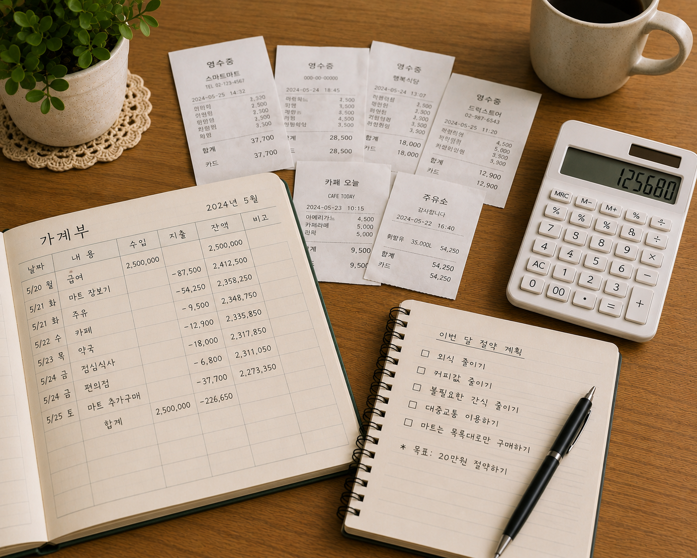 한 달 식비를 계산하며 가계부를 정리하는 모습