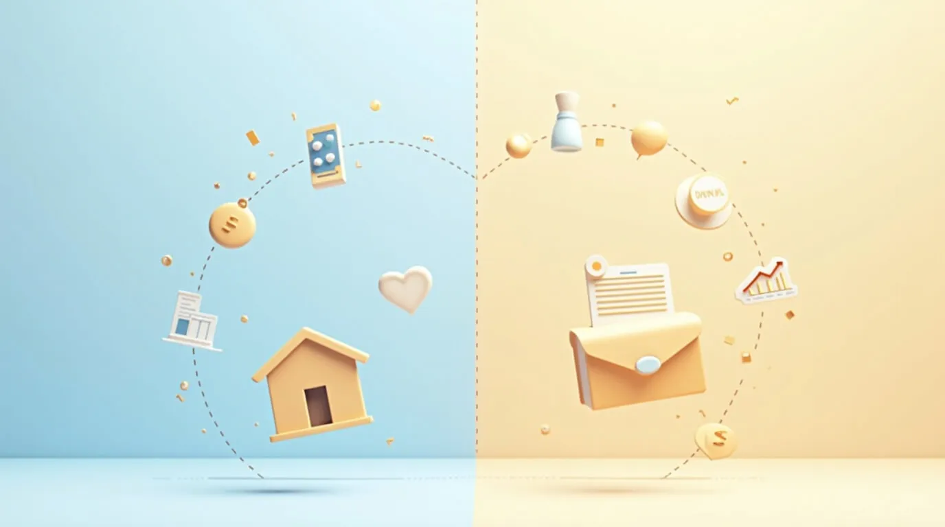 개인사업자 사업용 계좌 분리를 시각화한 대표 이미지. 화면이 중앙 점선으로 세로 분할되어 왼쪽은 연한 파스텔 블루 배경에 집, 스마트폰, 달러 동전, 하트, 영수증 등 개인 생활 관련 3D 아이콘이 원형 배치되어 있고, 오른쪽은 따뜻한 크림 골드 배경에 서류 봉투, BANK 표시 동전, 상승 그래프, 달러 기호 등 비즈니스 관련 3D 아이콘이 원형으로 배치되어 있음. 개인 자금과 사업 자금의 명확한 분리 운영을 밝고 긍정적인 분위기로 전달하는 인포그래픽 스타일 이미지