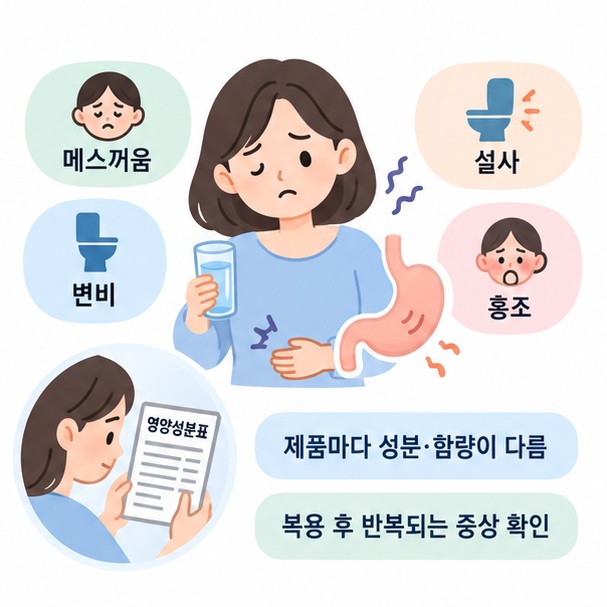 종합영양제 복용 후 메스꺼움 변비 설사 홍조 같은 부작용을 정리한 이미지